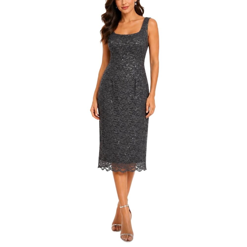Alex Evenings Gray Cocktail Dress Sequined Lace Midi Sheath Square Neck Size 8